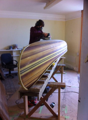 Hamish Hamilton's Nomad 17 canoe during sanding