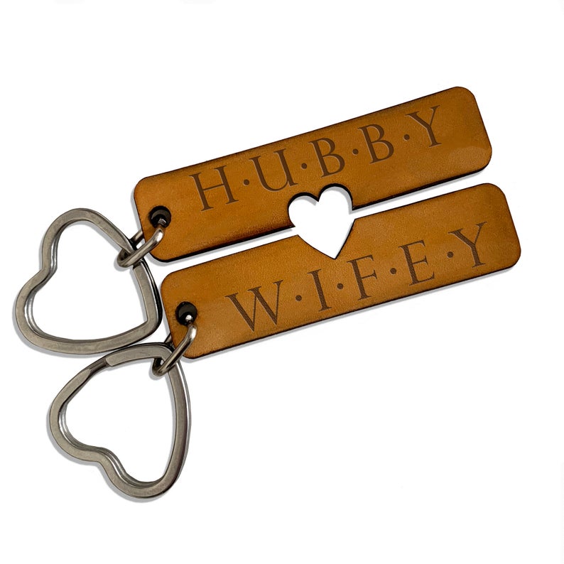 His & Hers Leather Engraved Keyring Gift for Wedding Anniversary Keyfob Birthday 