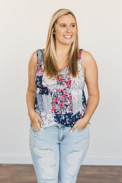 A Moment To Treasure Floral Tank Navy & Ivory – The Pulse