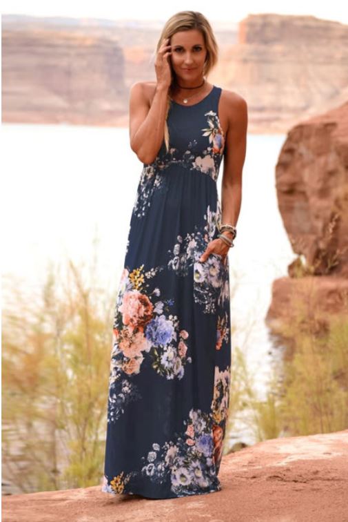 Vestido largo de cintura alta con print de flores azul marino – Ivy Clothing, More