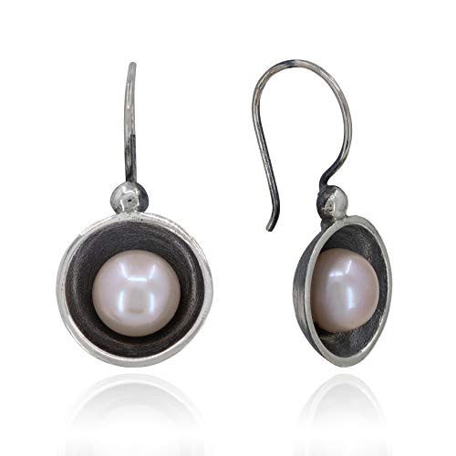 925 Sterling Silver Drop Dangle Earrings for Women, Round Design with White and Pink Pearl Options, Women's Designer Oxidized Jewelry