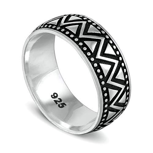 chimoda Mens Silver 9mm Band Ring with Zigzag Motif in 925 Sterling