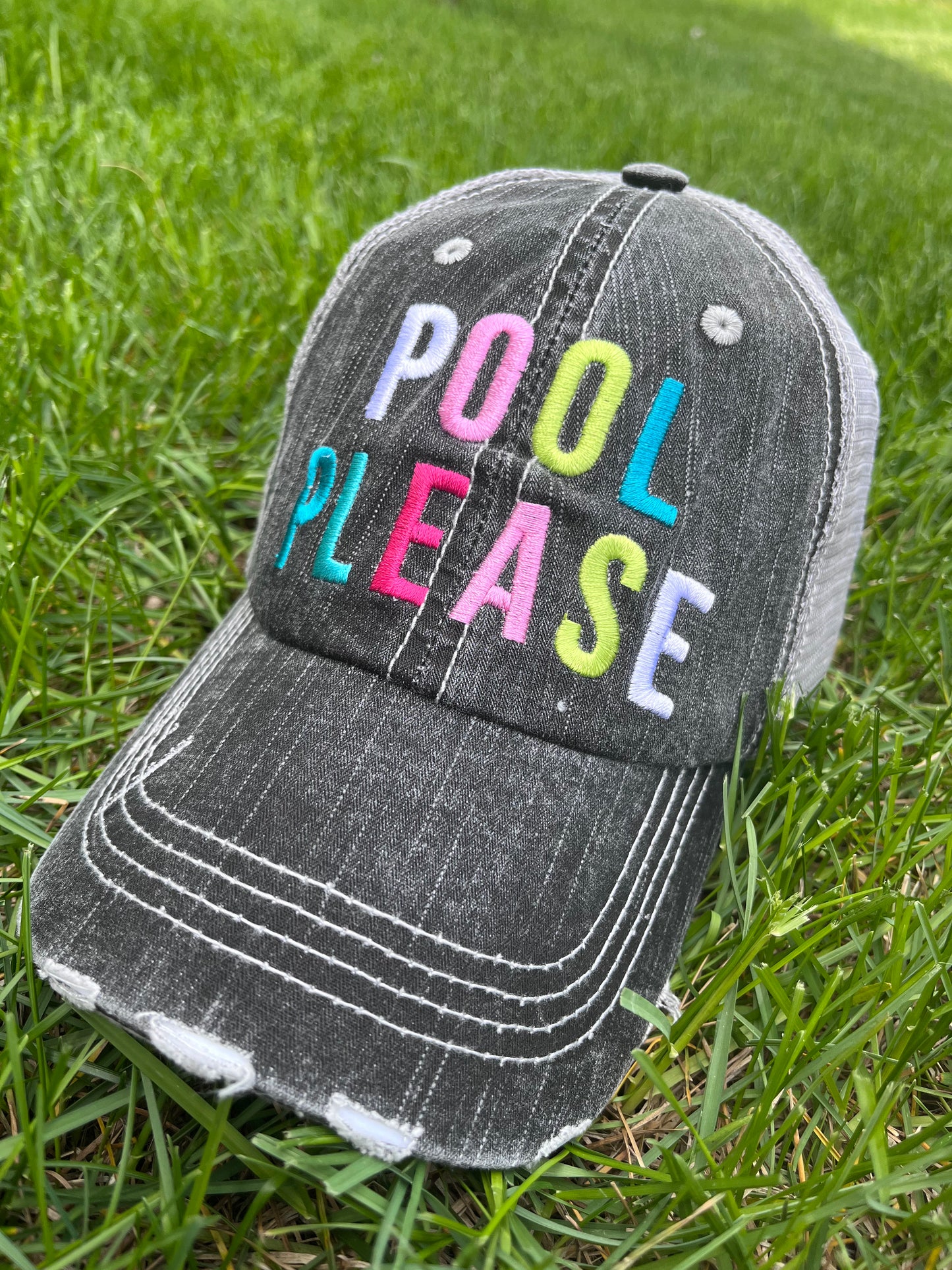 Hats Beach hair dont care Embroidered teal or pink flip flops distressed trucker cap Womens Sandals - Stacy's Pink Martini Boutique