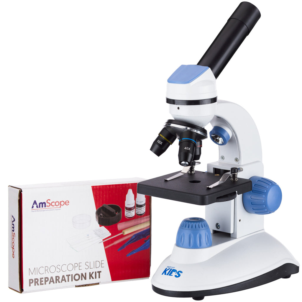 Blue with Slide Prep Kit and Book AMSCOPE-Kids M50C-B14-WM 40X-1000X Dual Illumination Microscope 