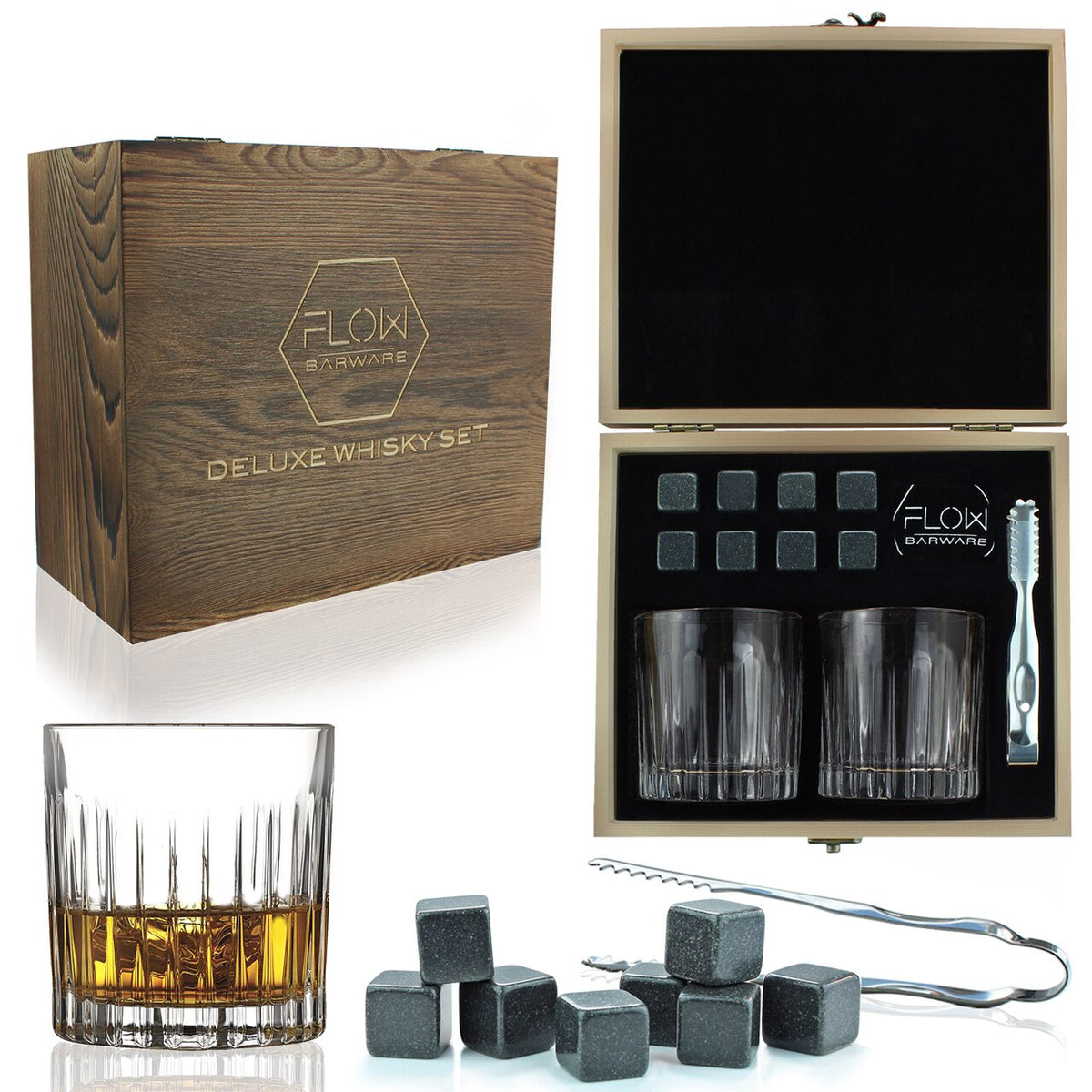 Deco Crystal Whisky Glasses & Stones Box Set