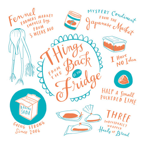 Things in the back of the fridge tea towel design