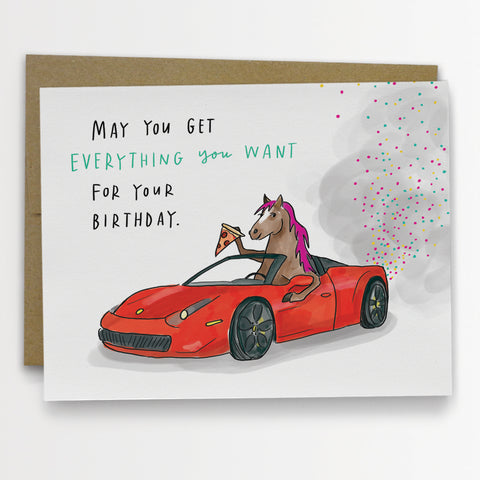 Ferrari, Pony, Pizza Birthday Card