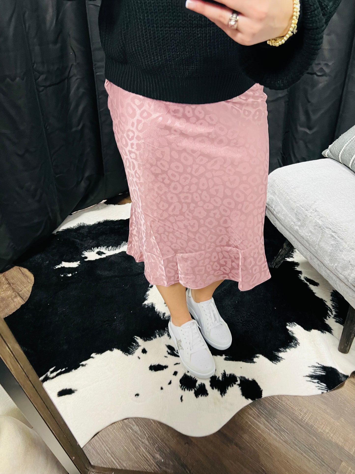 Mauve Satin Leopard Midi Skirt