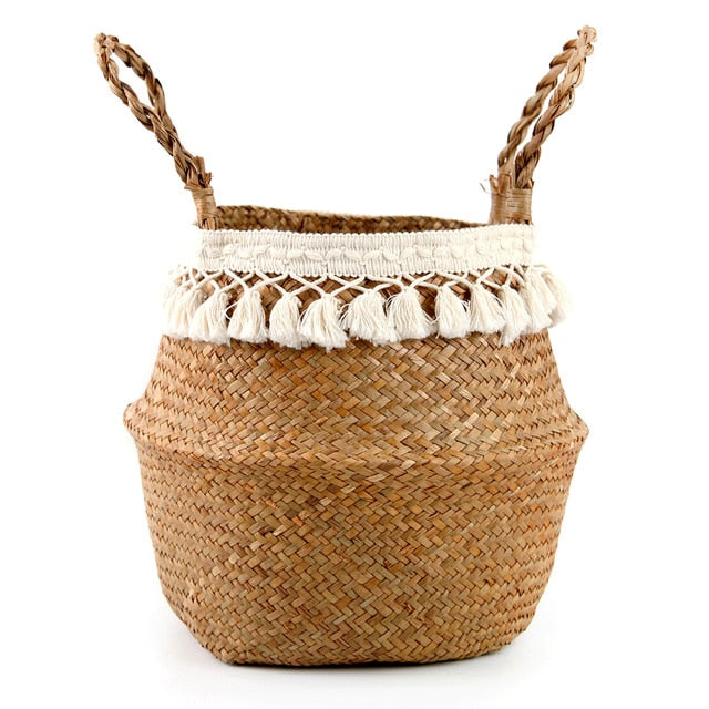 Foldable Seagrass Woven Storage Basket Garden Flower Vase Hanging Basket Handles 