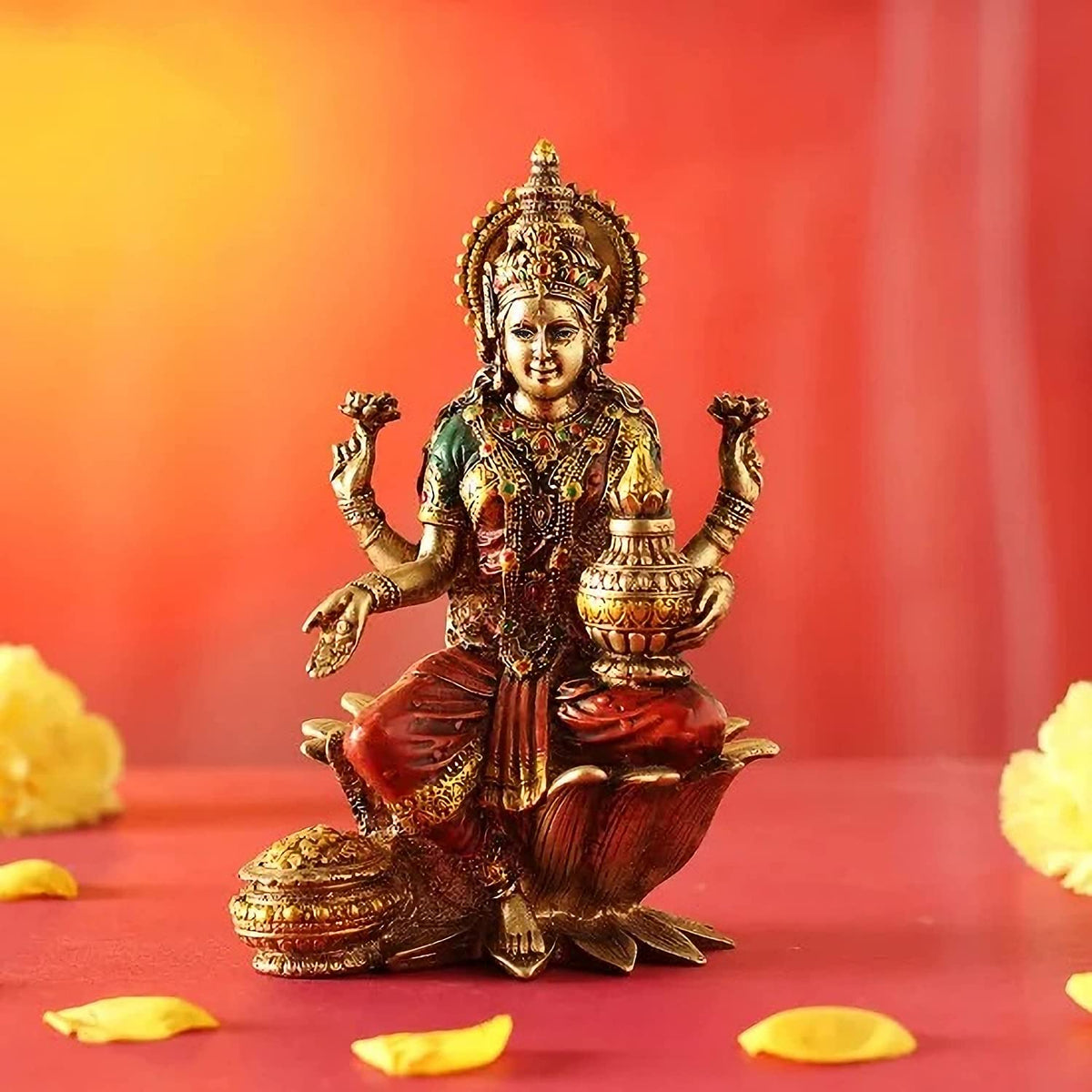 Buy Online Goddess Lakshmi Devi Idol Sitting on Lotus Resin Statue ...