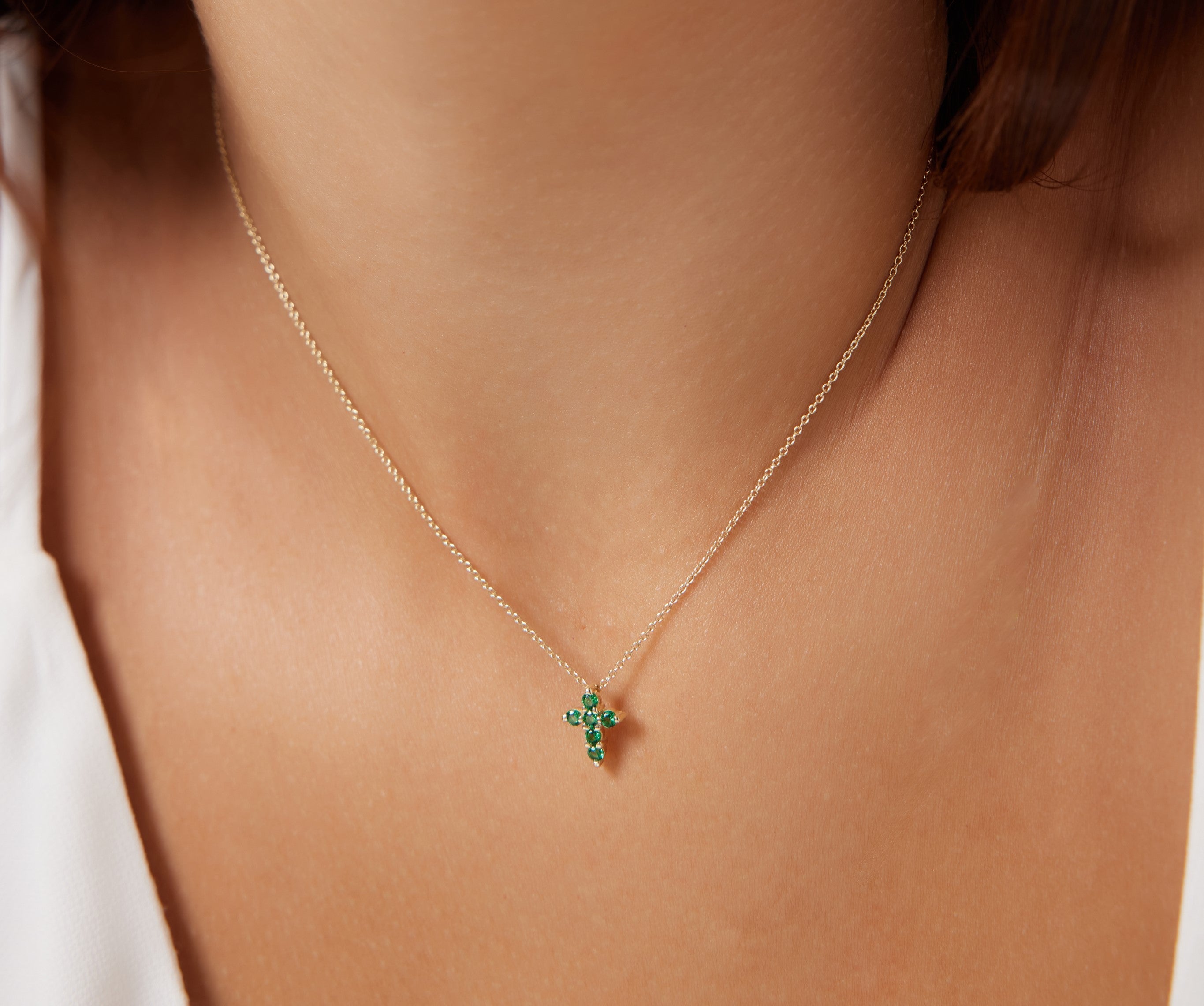 14K Solid Yellow Gold Emerald Cross Necklace