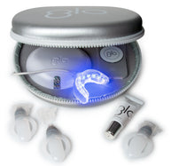 GLO Brilliant carrying case in silver with a complete teeth whitening system, three GLO Vials and a GLO Science Lip Treatment.