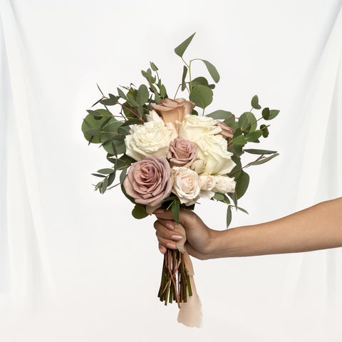 adore taupe bridesmaid bouquet roses