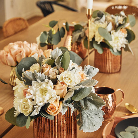 blissful peach centerpiece roses disbud mum tablescape