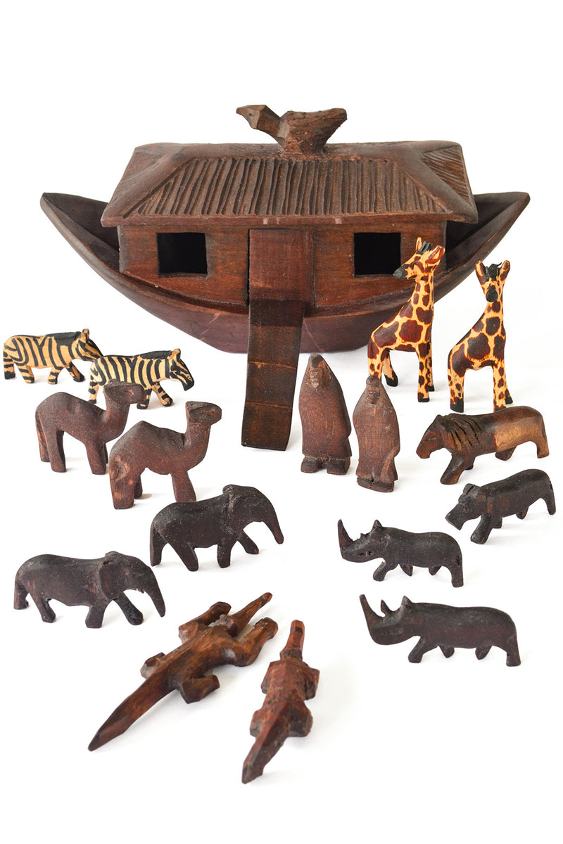 African Hand Carved Wooden Noah's Ark with Animals – Swahili Wholesale