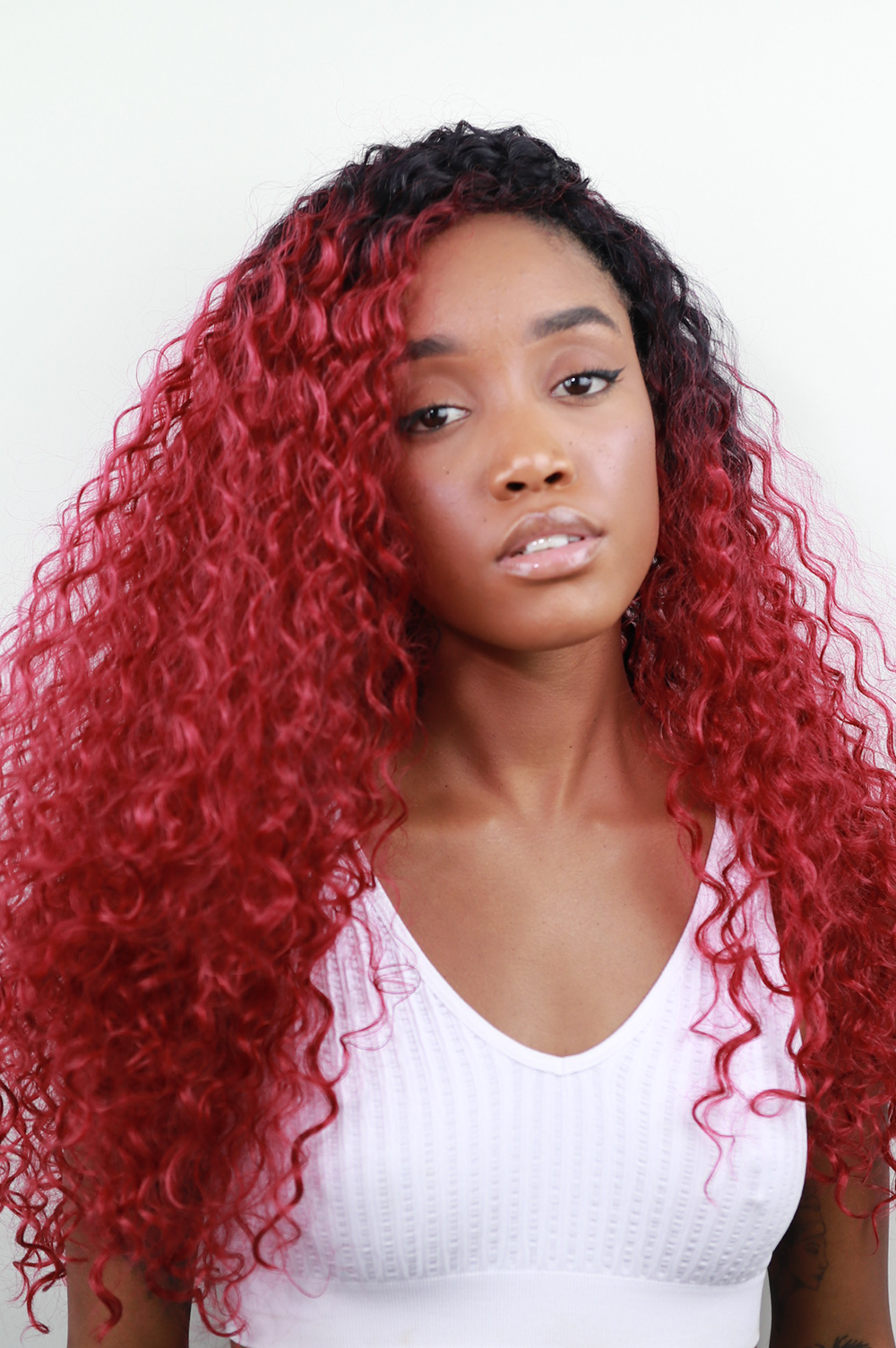 long curly bright red hair