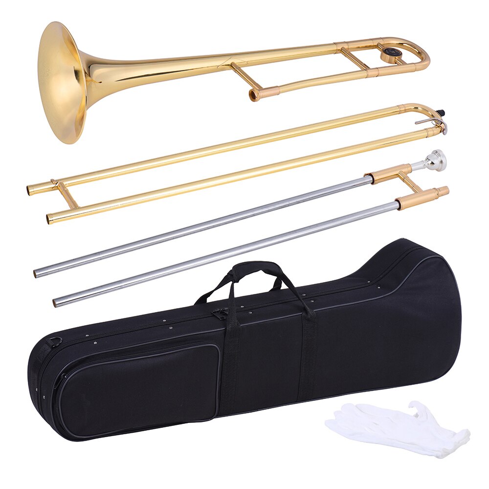 ammoon Tenor Trombone Brass Gold Lacquer Bb Tone B flat with Cupronickel Mouthpiece Cleaning Stick Gloves Case 