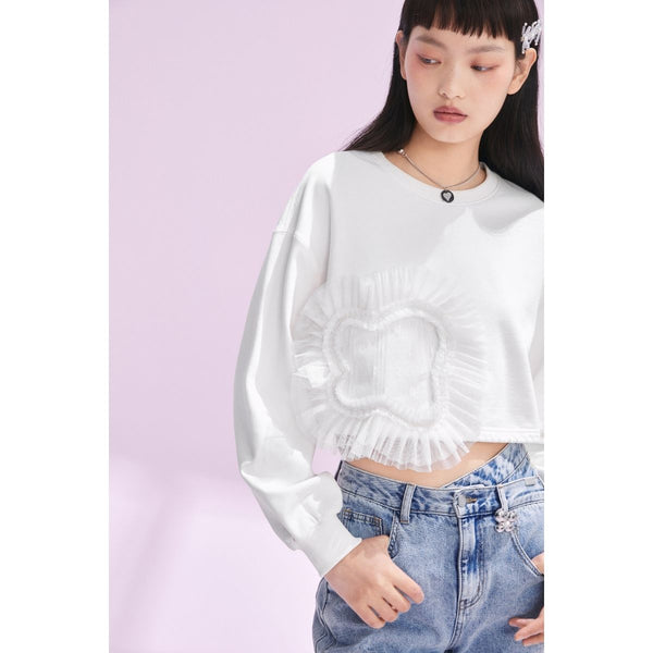 【SUSTAINABLE FASHION】White Long Sleeve Crew Neck T-shirt With Flower Mesh