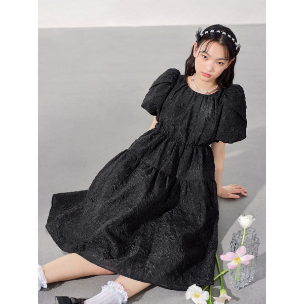 Black Texture Puff Sleeve Crew Neck Midi Dresses