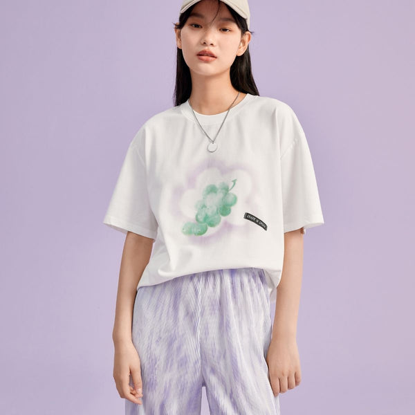 White Loose Grape Graphic Crew Neck T-shirt