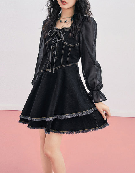 Black Sweet Princess Cake Mini Dress with Chiffon Denim Panel