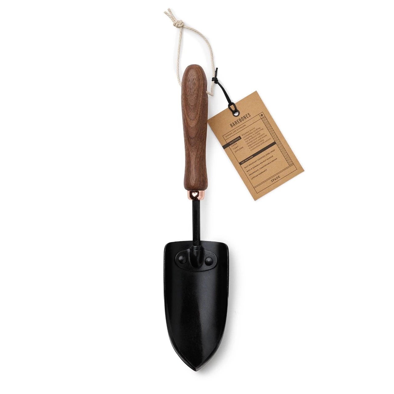 Hand trowel for gardening with black steel blade and walnut wood handle