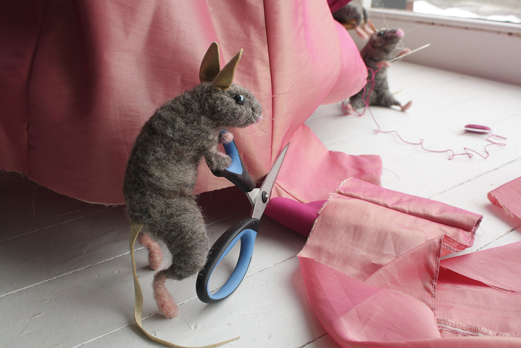 The Lunenburg Makery - Needle felted mouse in Cinderella display window.