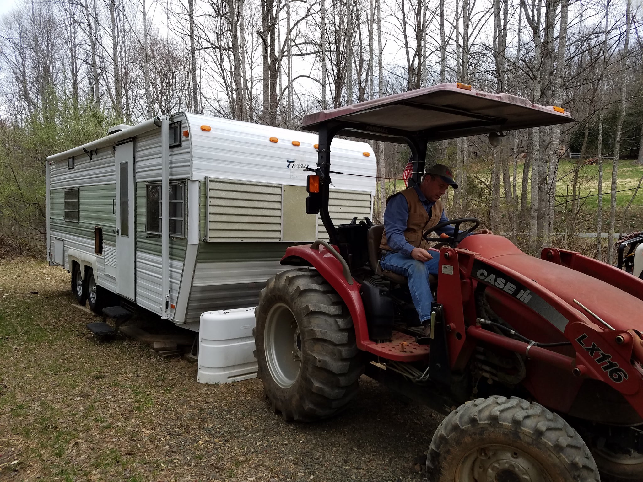 All hooked up camper move up the hill