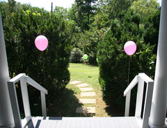 Pink argyle balloons at front porch party entrance