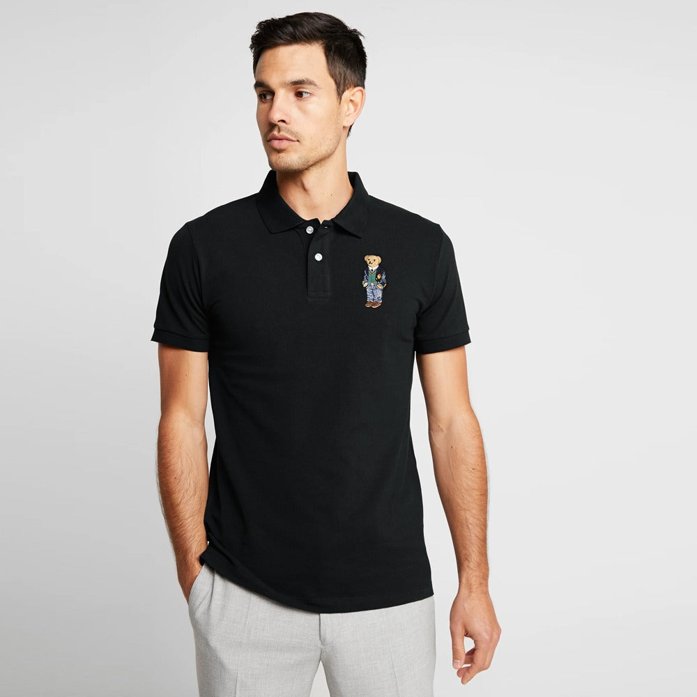 black polo shirt with bear