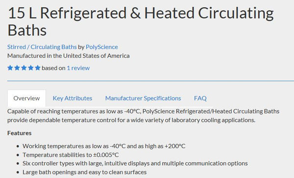 A section of the overview for the 15 L Refrigerated & Heated Circulating Baths.