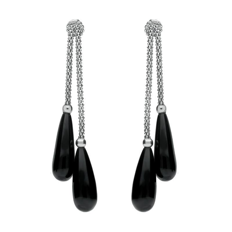 Sterling Silver Whitby Jet Two Stone Knot Drop Earrings