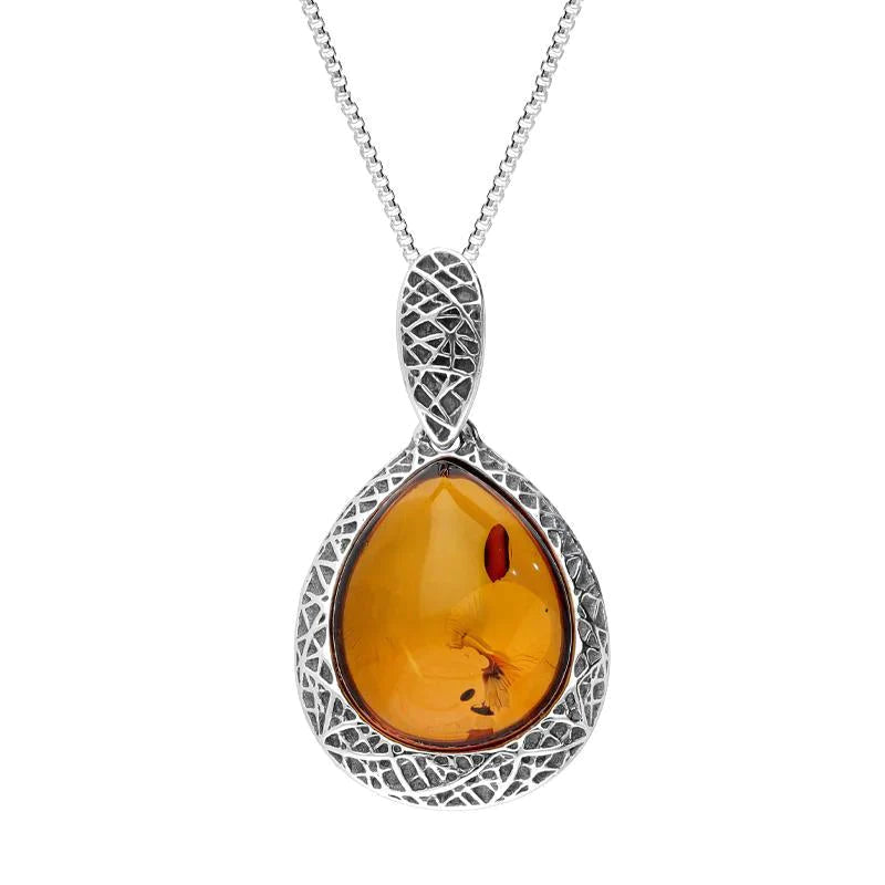 Sterling Silver Cognac Amber Basket Weave Edge Pear Necklace
