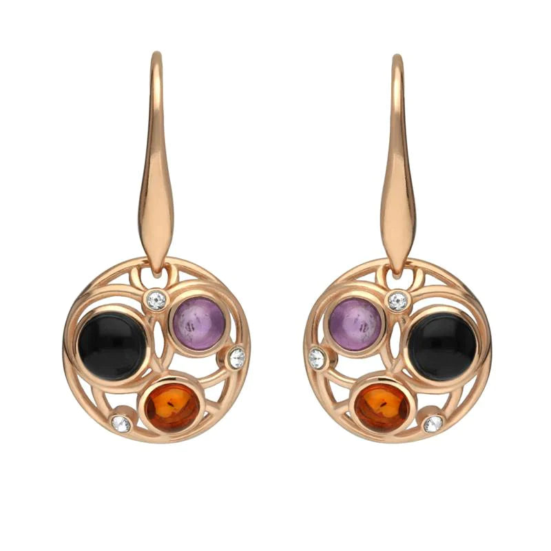 Rose Gold Plated Sterling Silver Whitby Jet Amethyst Amber Bubble Drop Earrings