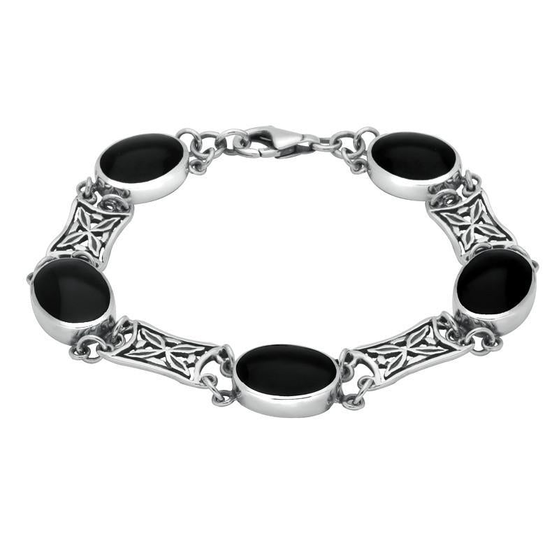 Sterling Silver Whitby Jet Five Stone Pierced Oval Bracelet