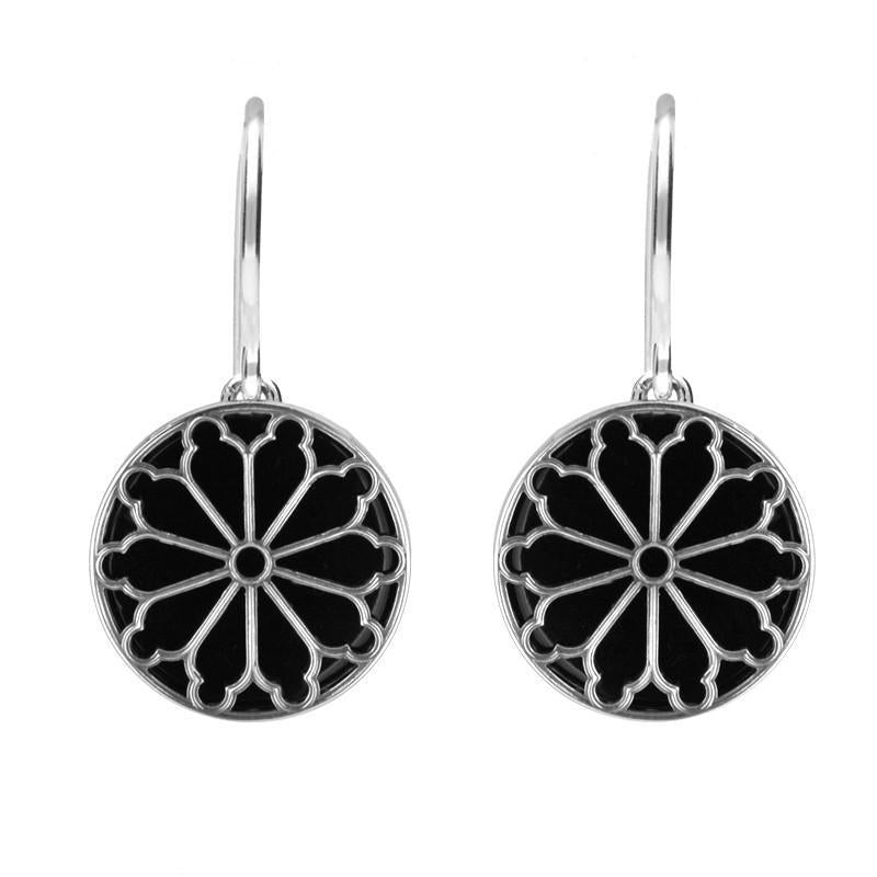 Sterling Silver Whitby Jet Round Abbey Window Drop Earrings