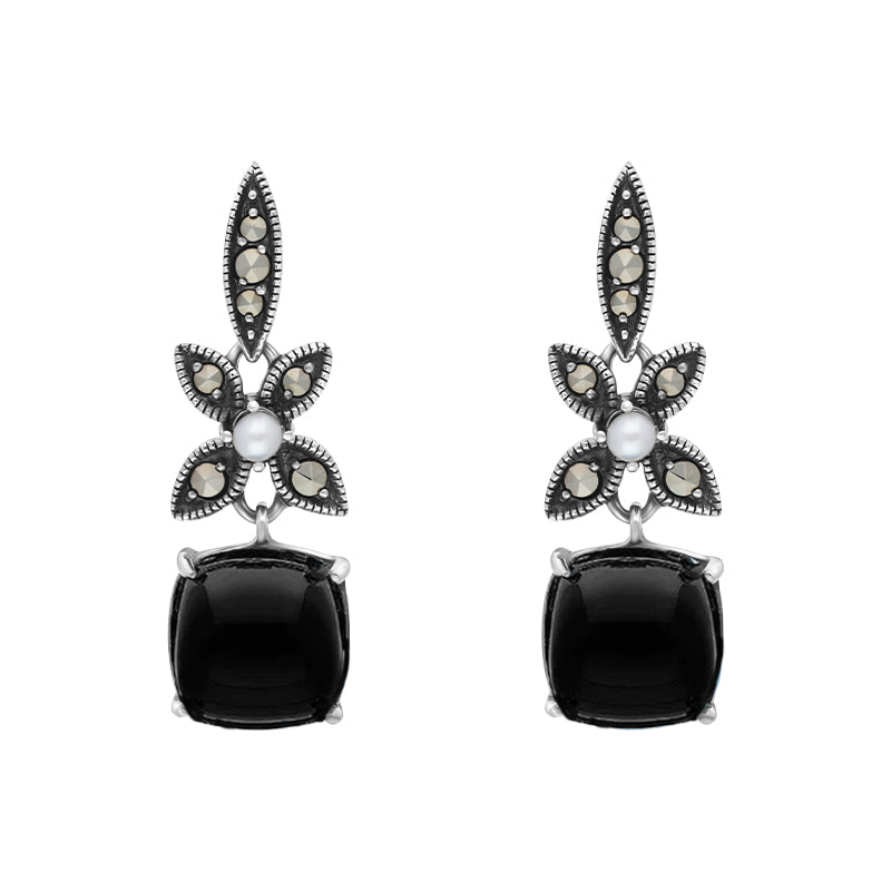 Sterling Silver Whitby Jet Pearl Marcasite Flower Drop Earrings