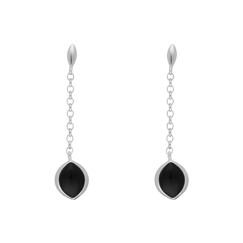 Sterling Silver Whitby Jet Marquise Chain Drop Earrings