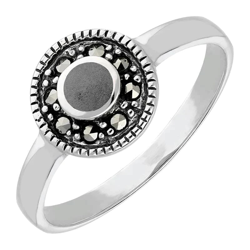 Sterling Silver Hematite Marcasite Beaded Edge Ring