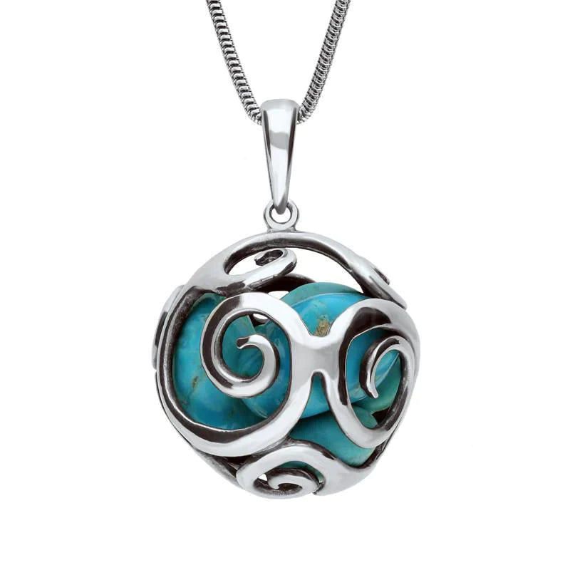 Sterling Silver Turquoise Swirl Cage Bead Necklace