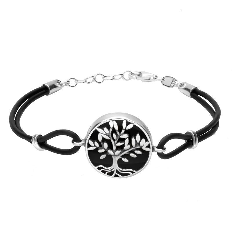 Sterling Silver Whitby Jet Cord Round Large Leaves Tree of Life Bracelet