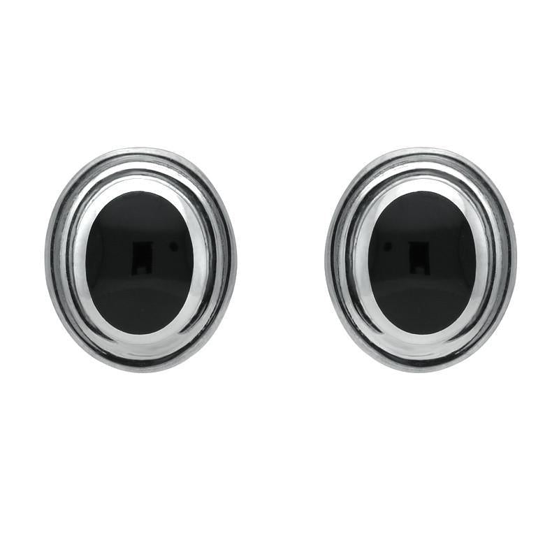Sterling Silver Whitby Jet Oval Ribbed Edge Stud Earrings