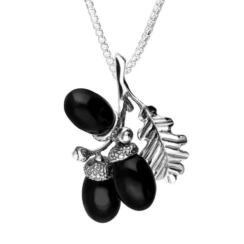 Sterling Silver Whitby Jet Triple Acorn and Leaf Necklace