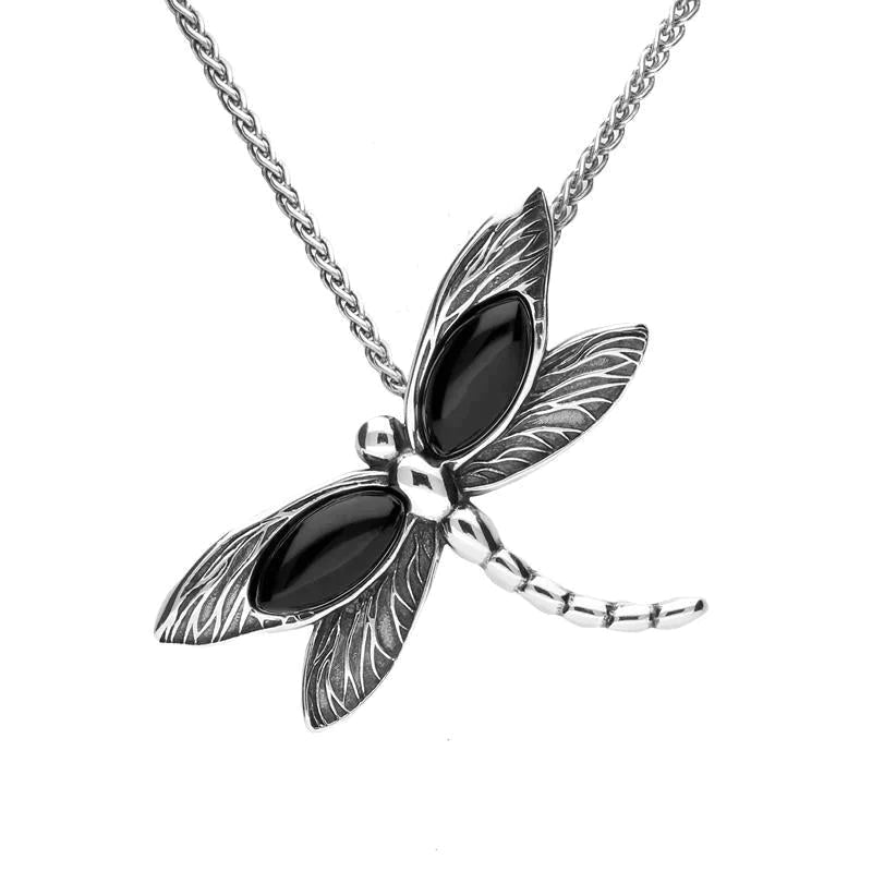Sterling Silver Whitby Jet Two Marquise Stone Dragonfly Necklace