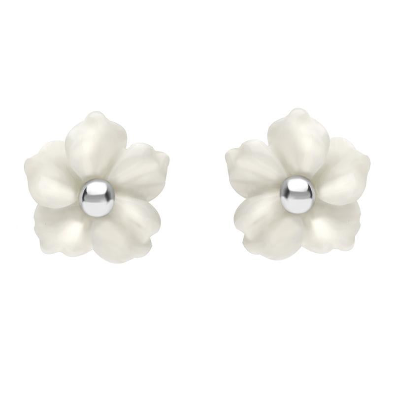 Sterling Silver White Agate Tuberose 8mm Carnation Stud Earrings