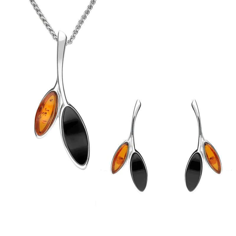 Sterling Silver Whitby  Amber Two Stone Leaf Two Piece Set