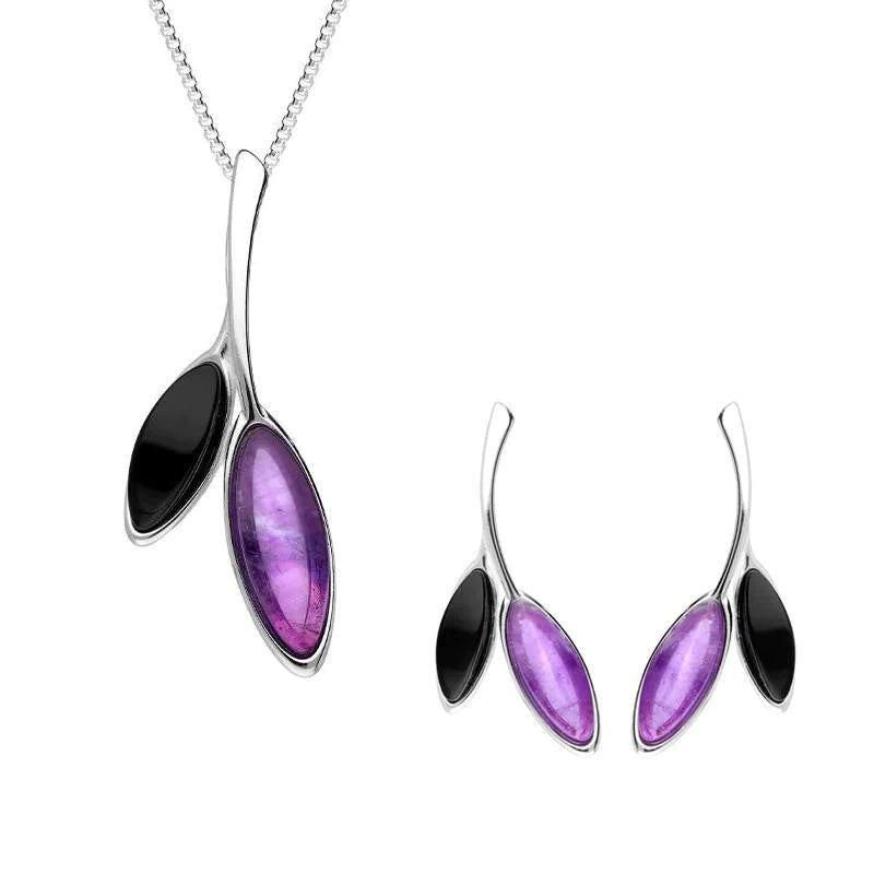 Sterling Silver Whitby Jet Amethyst Two Stone Leaf Two Piece Set