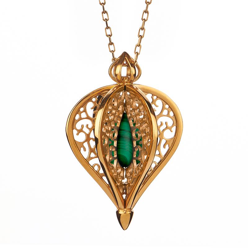 Yellow Gold Plated Sterling Silver Malachite Flore Filigree Small Necklace