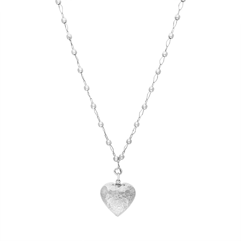 Sterling Silver Large Hammered Heart Beaded Chain Necklace D