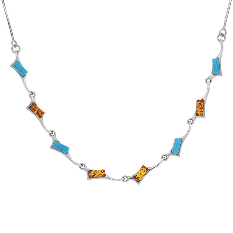 Sterling Silver Amber Turquoise Eight Stone Oblong Off Set Necklace D